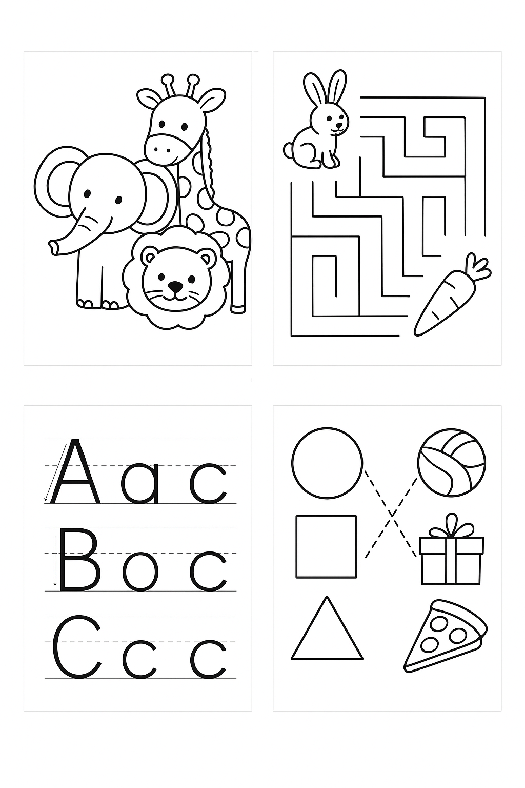 A variety of activity pages showing puzzles, drawing, and learning worksheets.