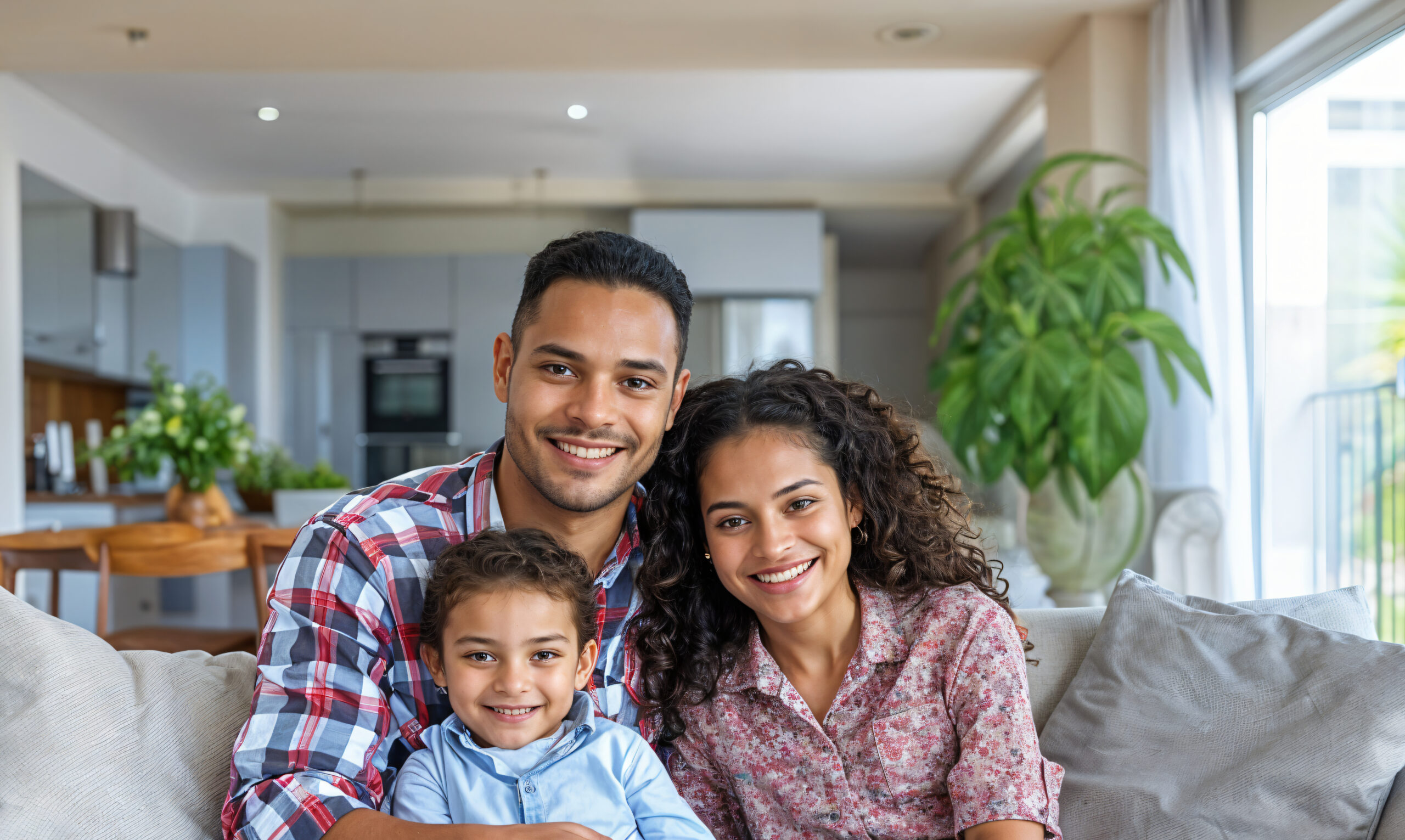 A smiling family in their home.